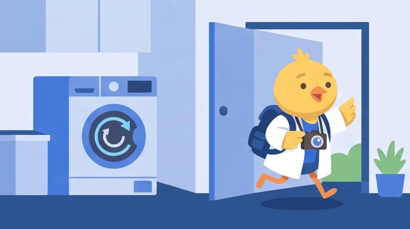 A chick doctor leaves the laundry to a front-loading washer-dryer and bounces out the front door with a backpack and camera, off to do what it wants