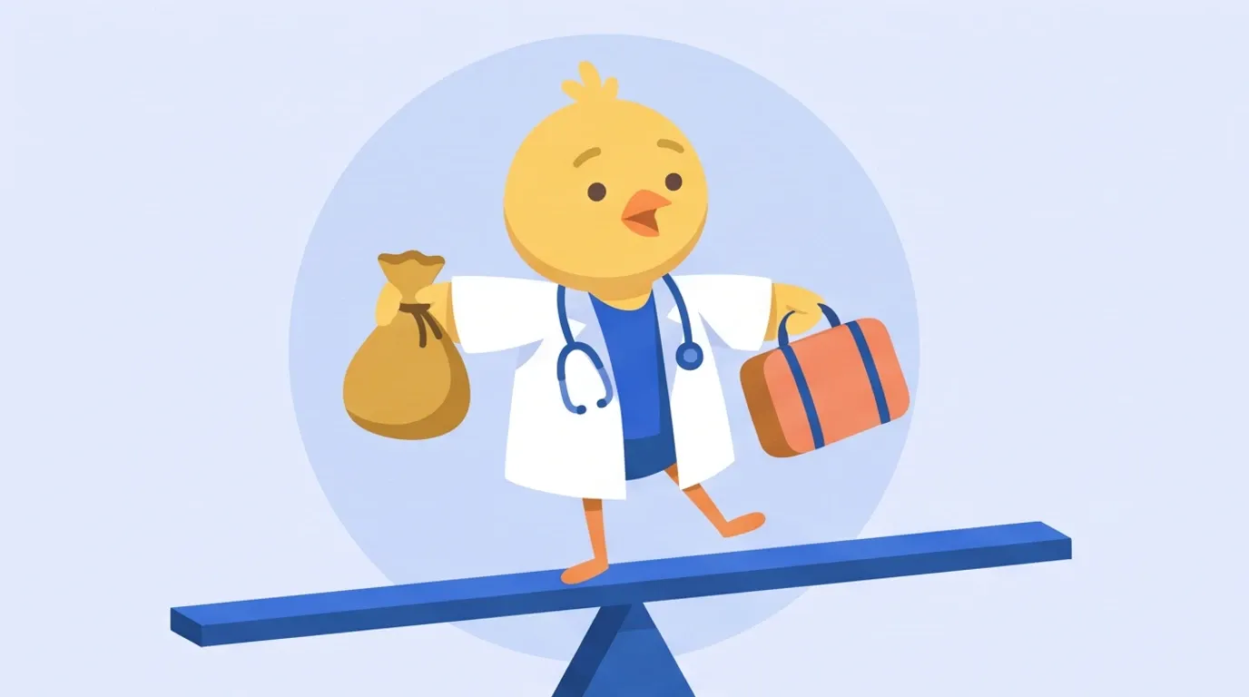 A chick doctor holds a small bag of coins in one hand and a travel bag in the other, keeping both in balance on a narrow balance beam