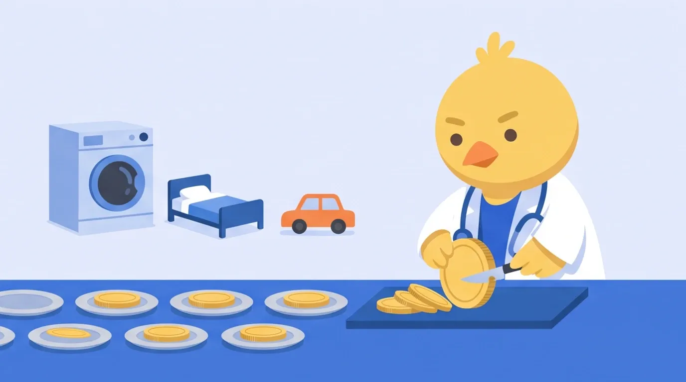 A chick doctor, in front of models of a front-loading washer-dryer, a bed, and a small car, slices a large coin thinly and arranges the pieces on small plates, one for each month