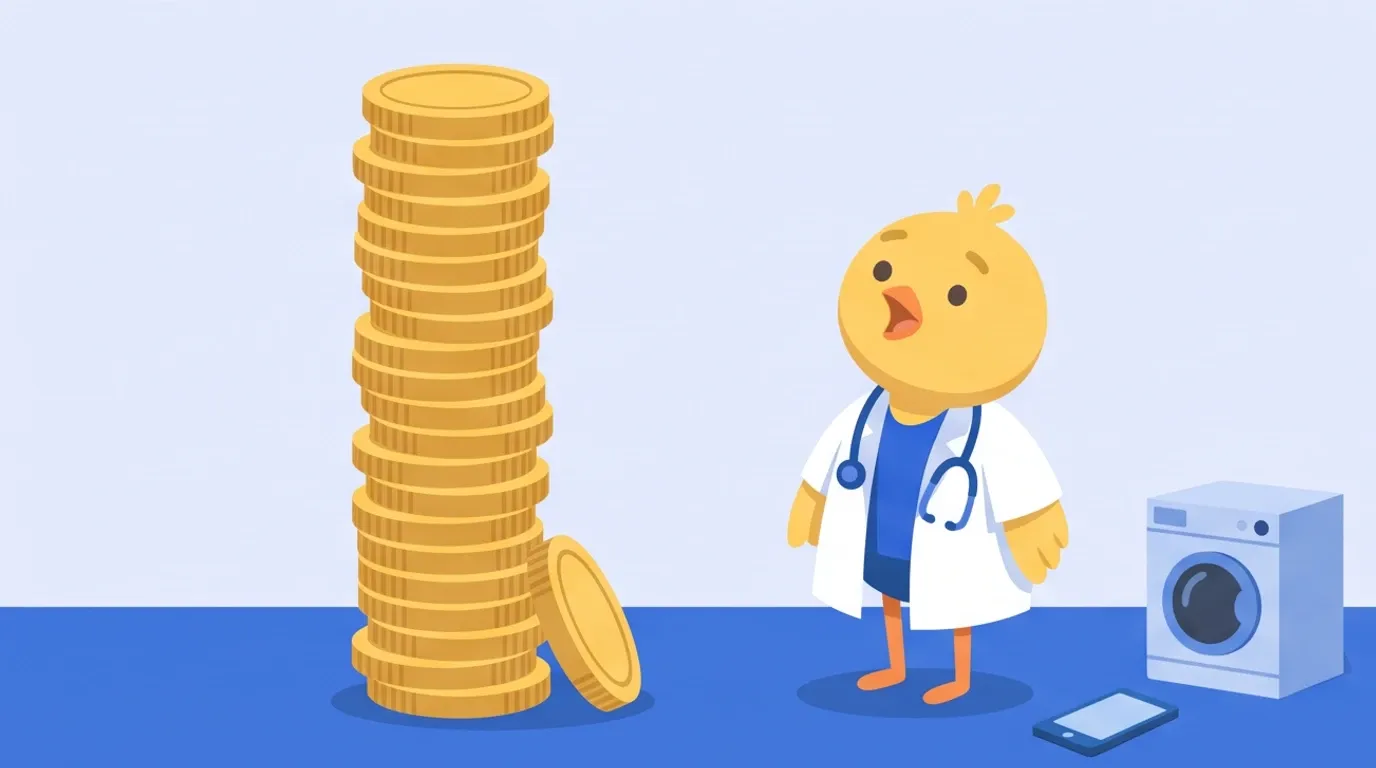 A chick doctor looks up wide-eyed at a tall tower of stacked coins, with small models of a smartphone and a front-loading washer-dryer at its feet