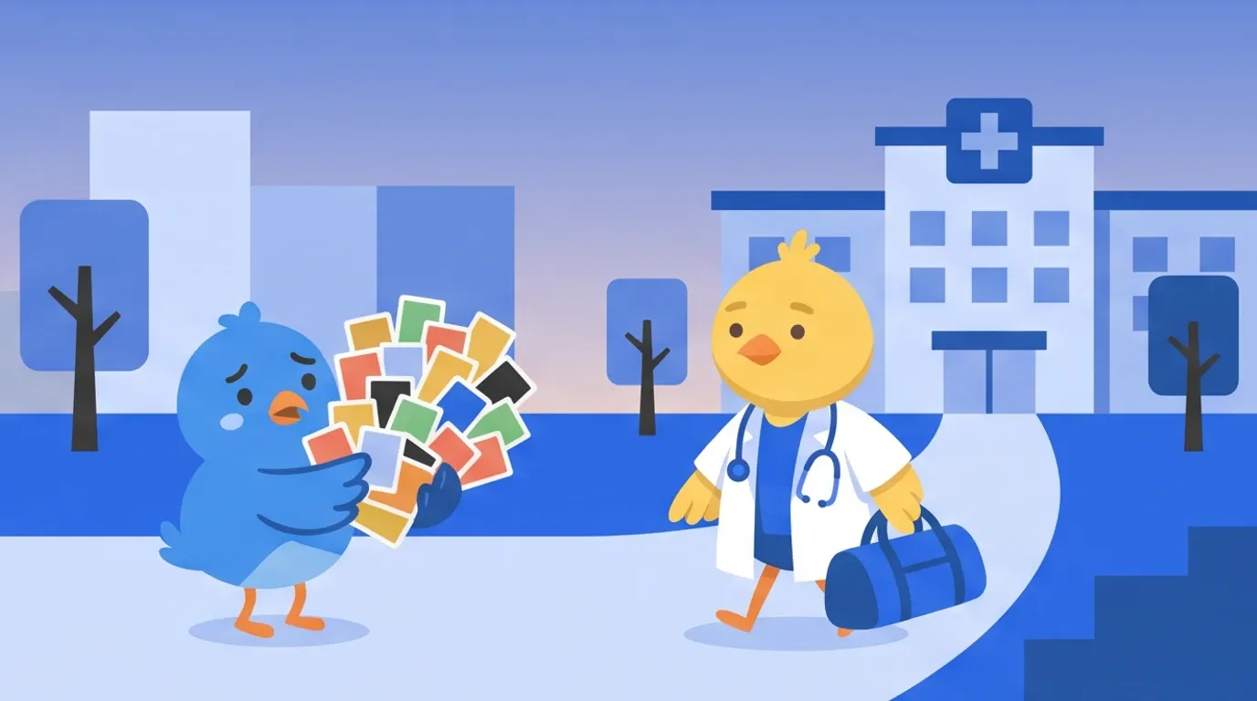 A chick doctor, carrying a bag for an overnight on-call shift, heads to the hospital at dusk, glancing sideways at a small bird puzzling over a stack of point cards