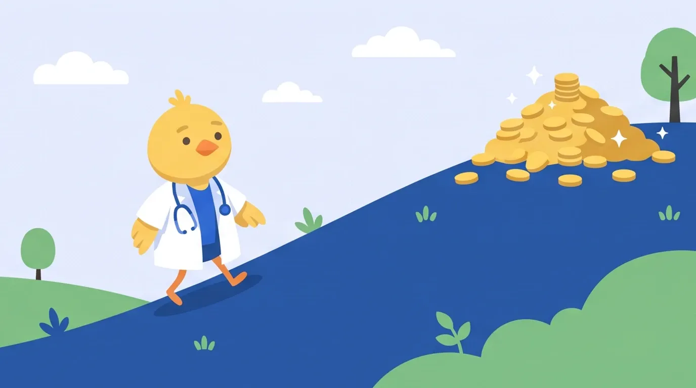 A chick doctor climbs a long, gentle slope one leisurely step at a time, heading for a pile of coins at the top