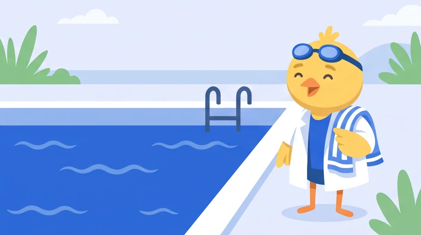 A chick doctor at the poolside, goggles pushed up on its forehead and a towel over its shoulders, looks refreshed after a swim
