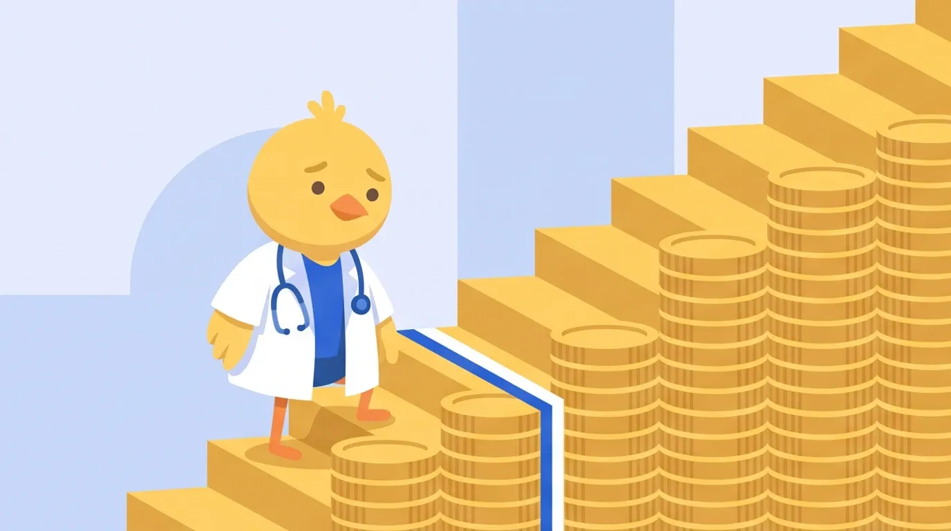 A chick doctor, partway up an endless staircase of coins, stops just before a single line drawn across it and looks back instead of up