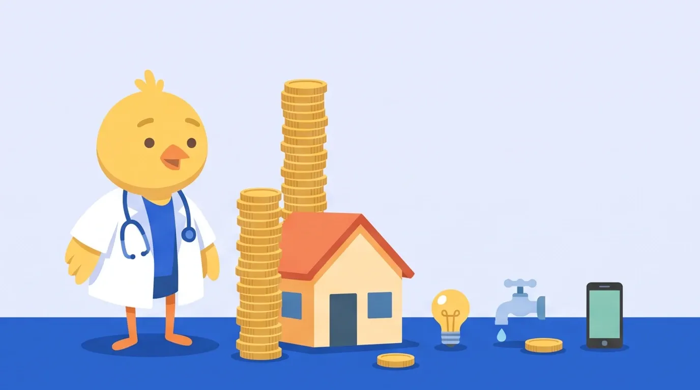 A chick doctor lines up a large model house and small models of a light bulb, a faucet, and a smartphone, with coins piled high only in front of the house