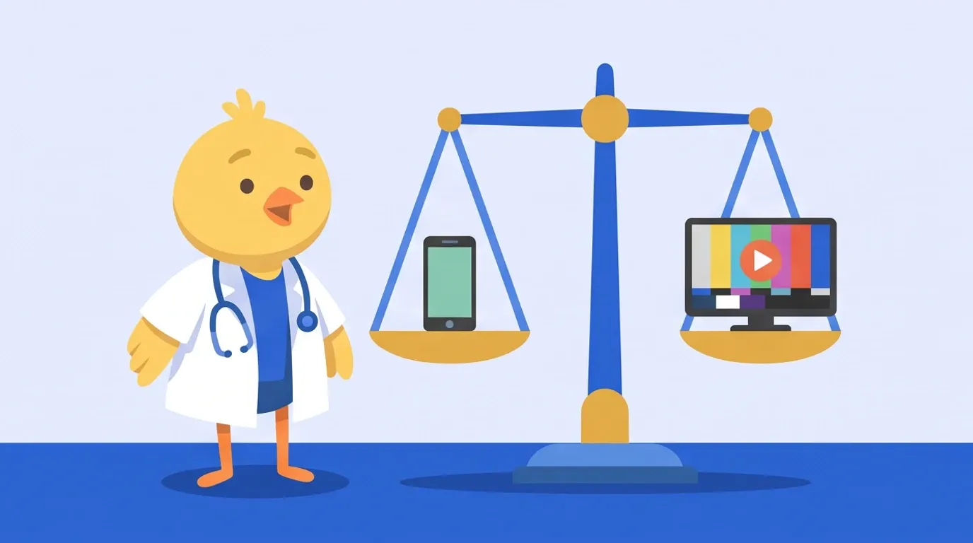 A chick doctor puts a small smartphone on one side of a balance scale and a small TV showing a video on the other, eyes wide at how much more evenly they balance than expected