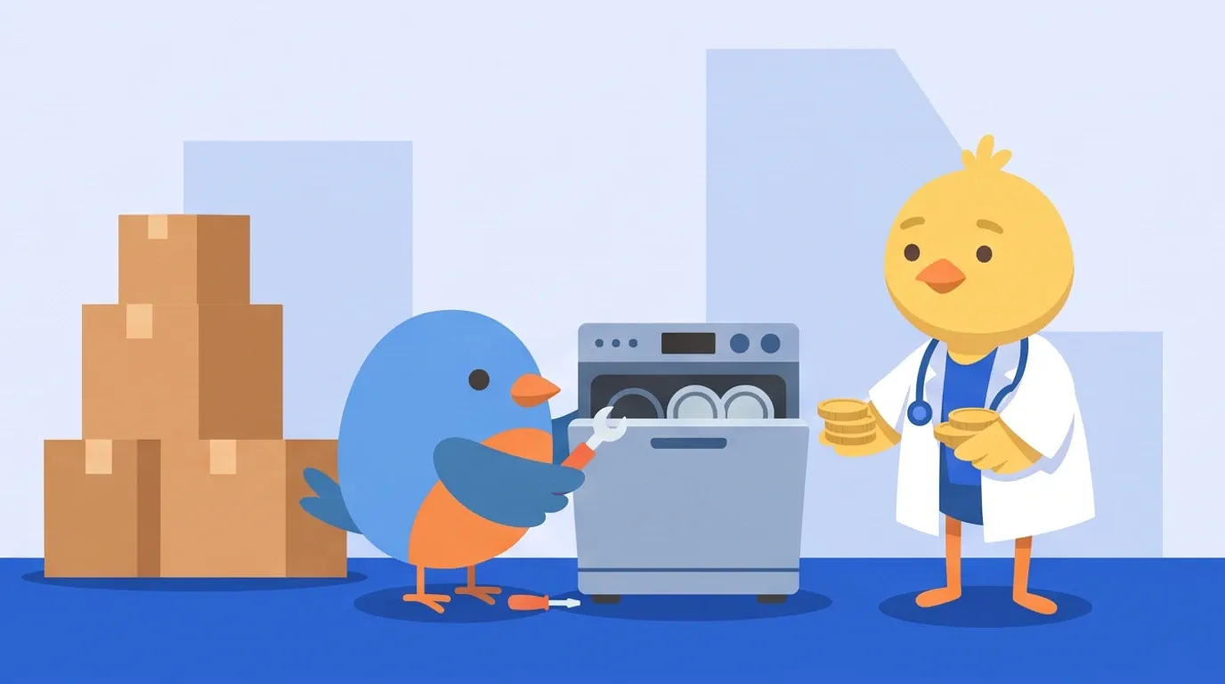 A chick doctor, coin in hand, stands beside a pile of moving boxes and watches another small bird with a toolbox install a dishwasher