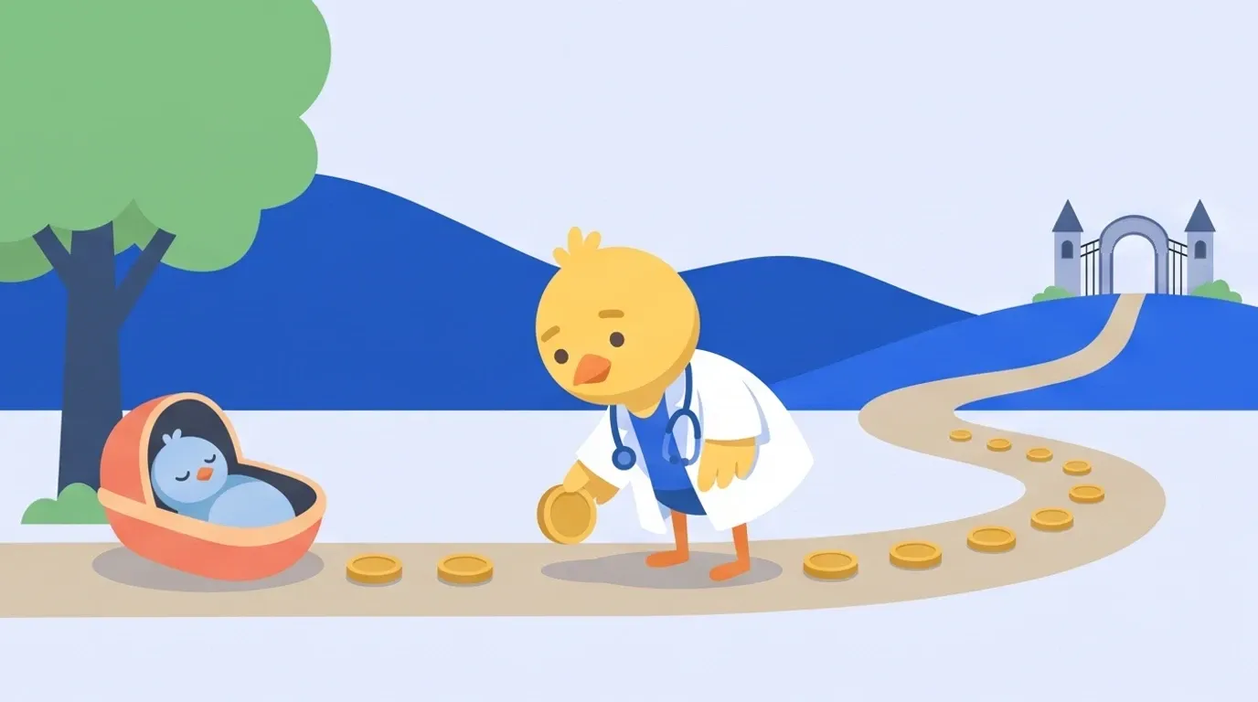 A chick doctor lays coins one by one at even intervals along a path running from a light-blue baby bird asleep in a cradle to a university gate in the distance
