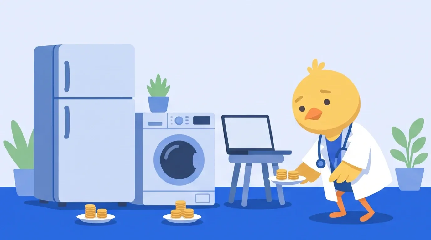 A chick doctor goes around a refrigerator, a washing machine, and a laptop in turn, placing a small plate of coins at the foot of each, every plate the same size