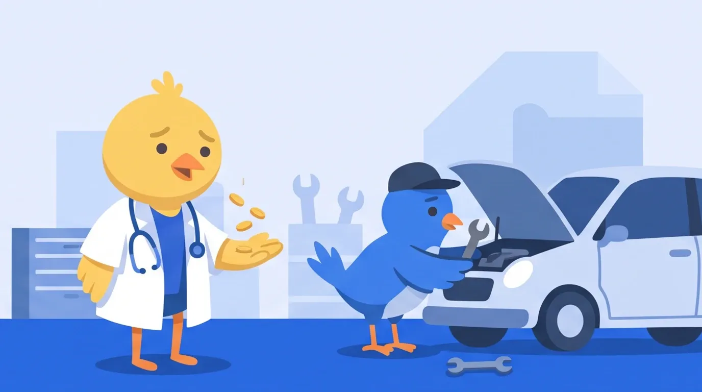 A chick doctor stands beside a small kei car with its hood open, watching a mechanic bird at work, smiling wryly as the pile of coins in its palm shrinks