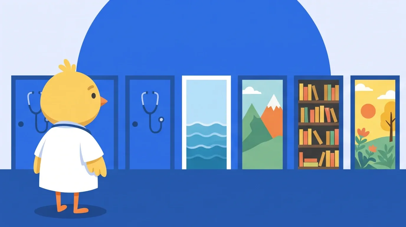 A chick doctor looks at a row of doors; stethoscopes hang on the two on the left, and through the remaining open doors are views of the sea, mountains, and bookshelves