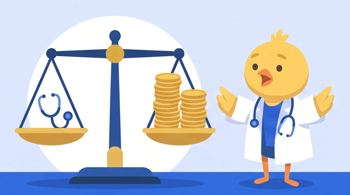 A chick doctor puts its stethoscope on one side of a large balance scale and is surprised to see it balance a pile of coins as tall as itself on the other side