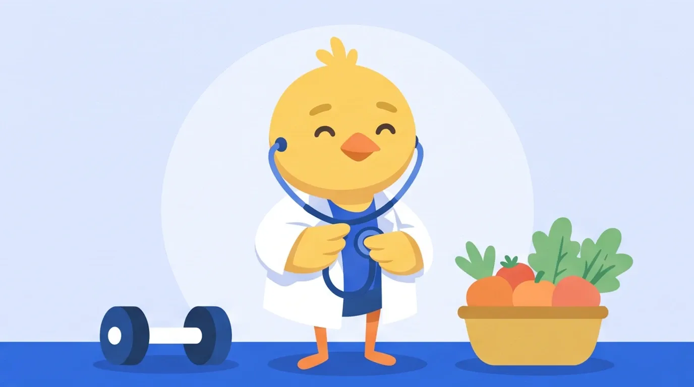 A chick doctor, with a small gym dumbbell and a basket of vegetables on either side, holds a stethoscope carefully to its chest and smiles calmly