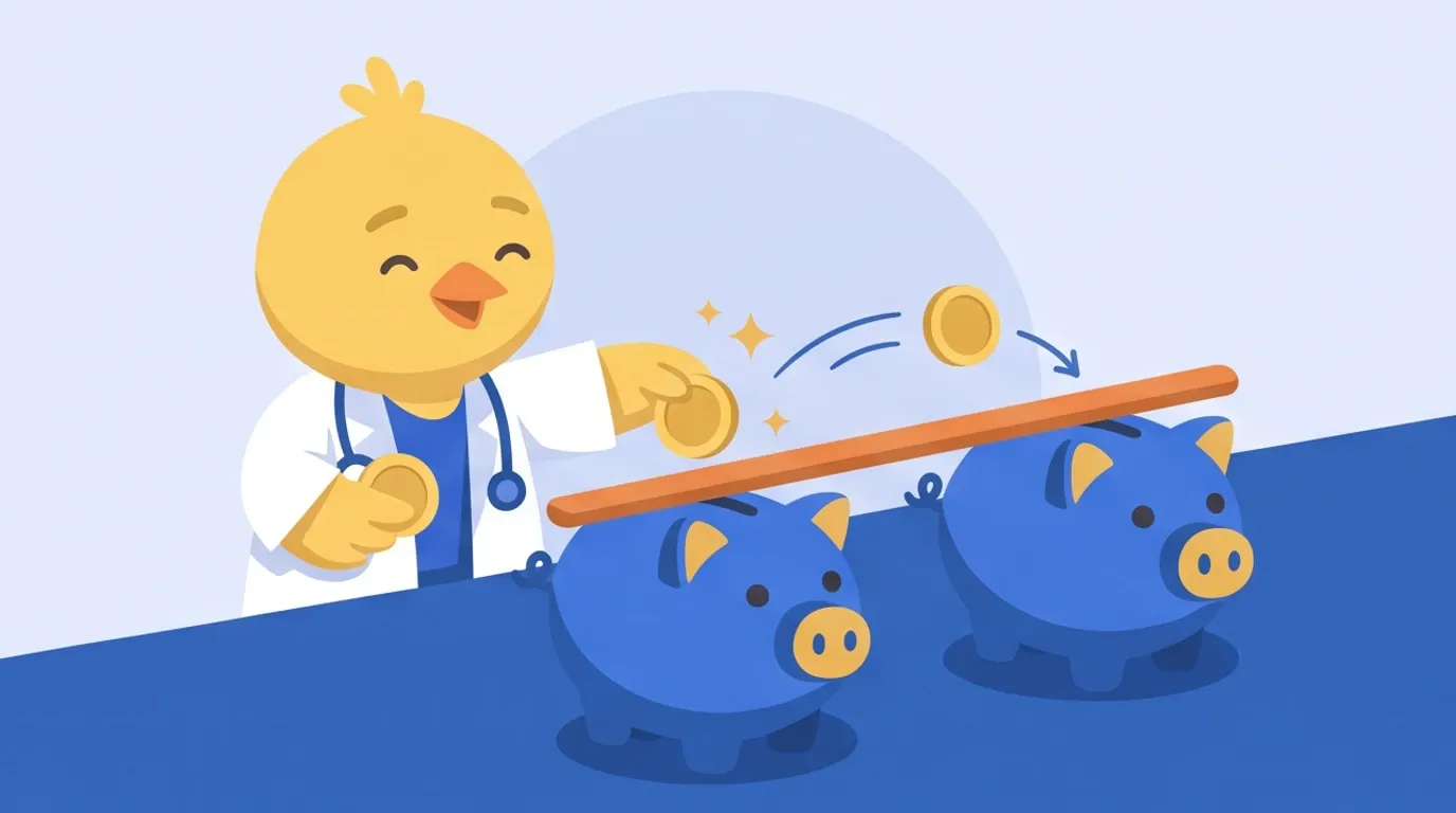 A chick doctor drops coins one at a time, alternately, into two piggy banks of the same size, looking contentedly at a single bar laid across the top of both