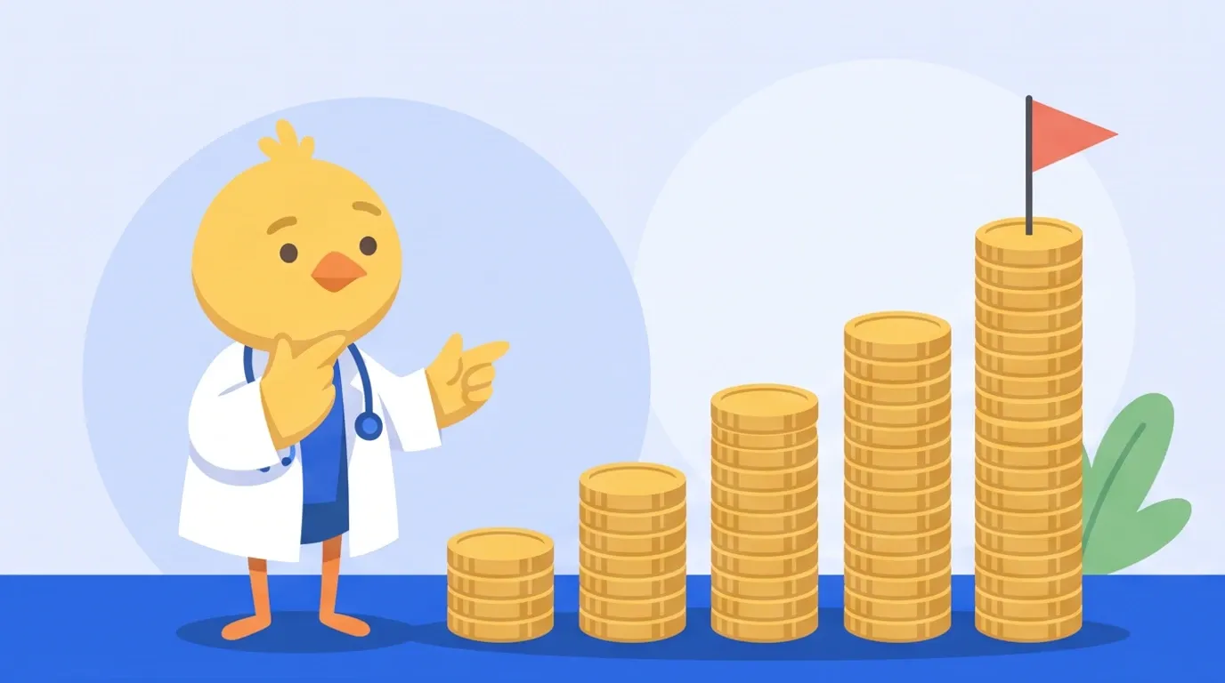 A chick doctor lines up five pillars of coins of different heights from left to right and compares them, with a small goal flag at the top of the tallest one