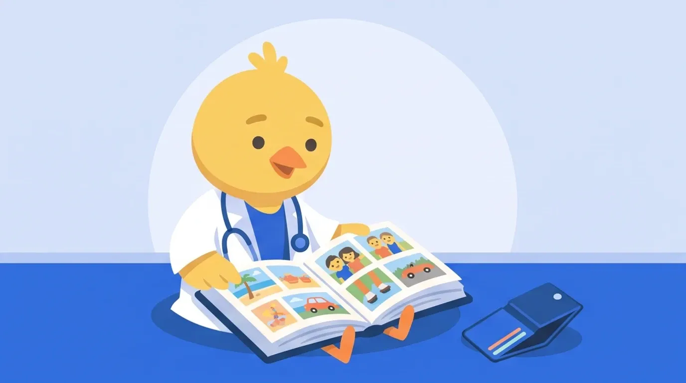 A chick doctor opens a thick album packed with photos of memories from travels and time with friends, a lighter wallet set beside it, looking at it contentedly