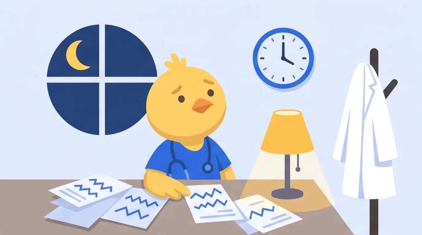 A chick doctor looks up from a pile of line-chart papers spread across a desk late at night, glancing between the clock on the wall and the white coat draped over the chair