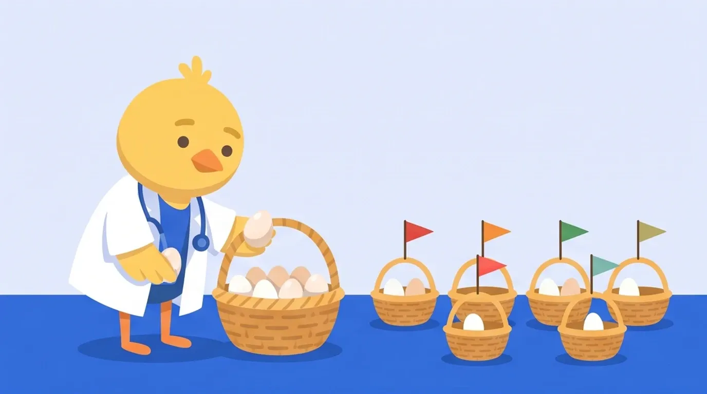A chick doctor takes eggs piled in a single basket and moves them one by one into many baskets topped with small, colorful flags