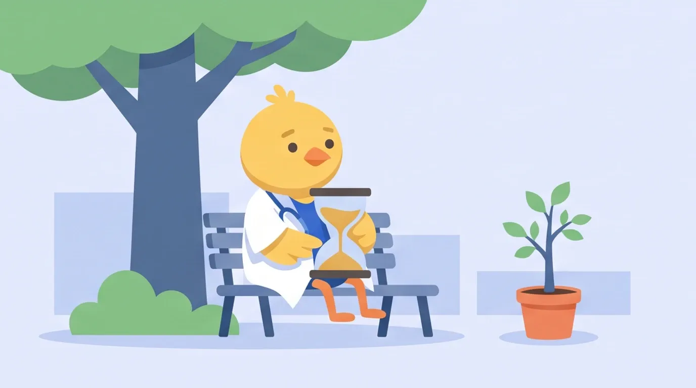 A chick doctor relaxes on a bench in the shade of a tree with a large hourglass on their lap, watching a potted sapling growing quietly in the distance