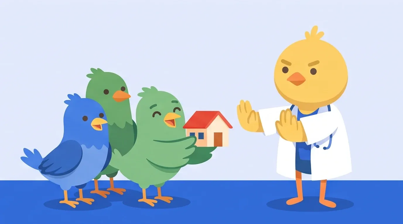 A chick doctor holds both hands out in front and firmly declines a group of differently colored little birds who surround them, smiling and offering a model house