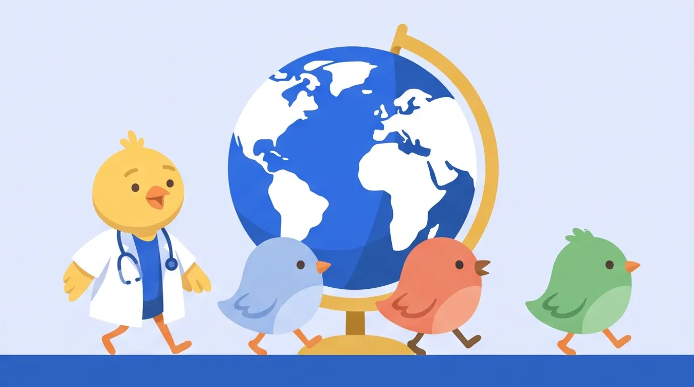 A chick doctor joins a line of differently colored little birds walking around a large globe, moving along leisurely at the same pace