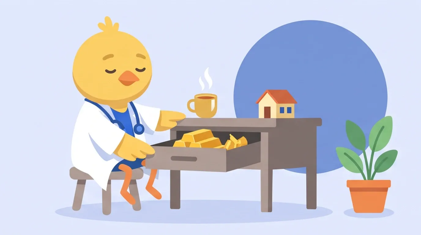A chick doctor quietly closes a drawer full of gold bars and model houses, and sits calmly holding a steaming cup of tea