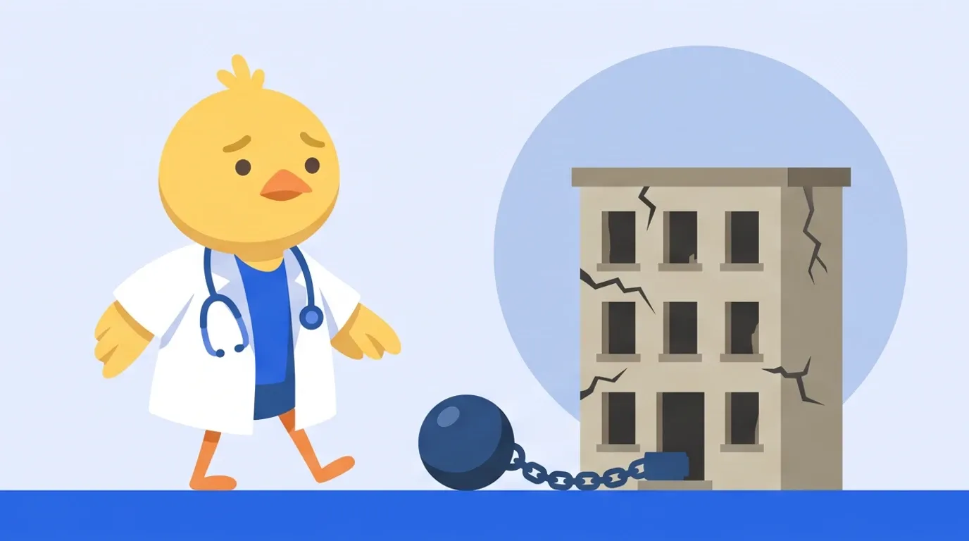 A chick doctor quietly backs away from a model of a cracked apartment building full of empty rooms and a shackle attached to a heavy iron ball