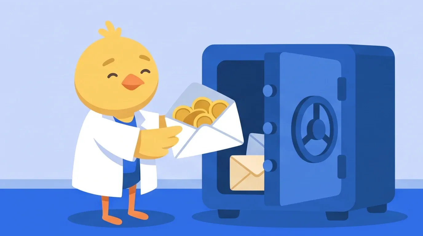 A chick doctor gently puts an envelope stuffed with coins into a sturdy safe, turns the door handle, and looks relieved