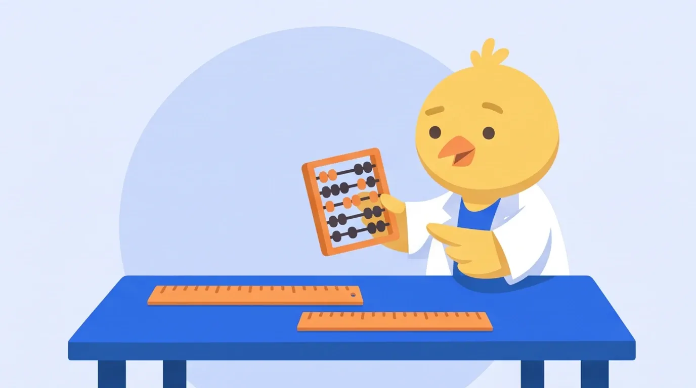 A chick doctor lays two rulers of different lengths side by side on a desk and, abacus in hand, compares which one comes out ahead