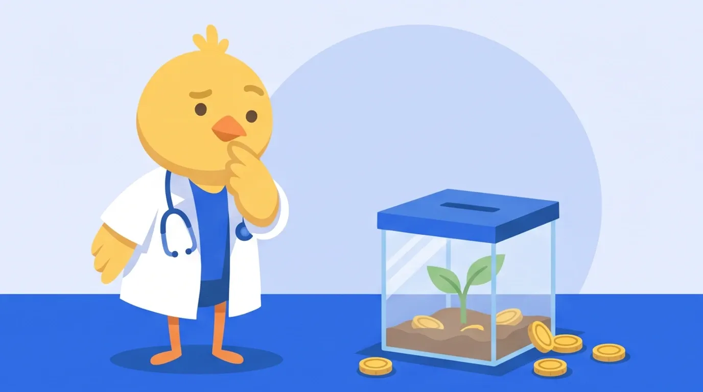 A chick doctor watches a sapling growing inside a closed transparent box, and tilts their head at coins that have spilled outside the box