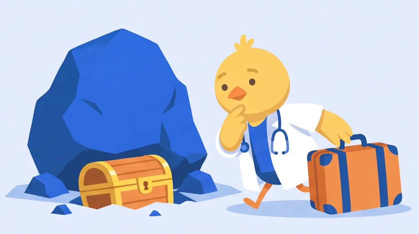 A chick doctor compares a treasure chest buried under a large rock with a travel bag they can take out right away, and picks up the bag