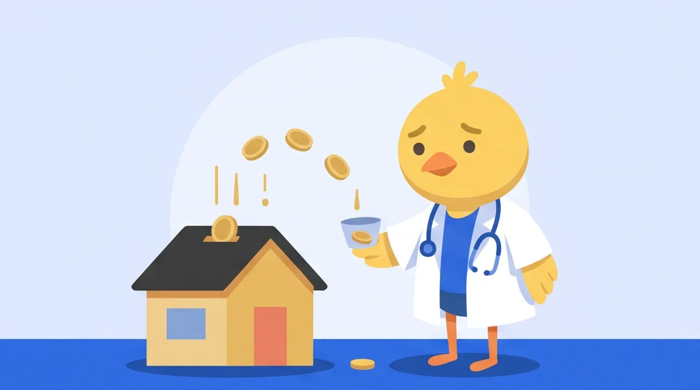 A chick doctor catches coins dripping like thin drops of water from the roof of a model house in a small cup, looking troubled that it barely fills up