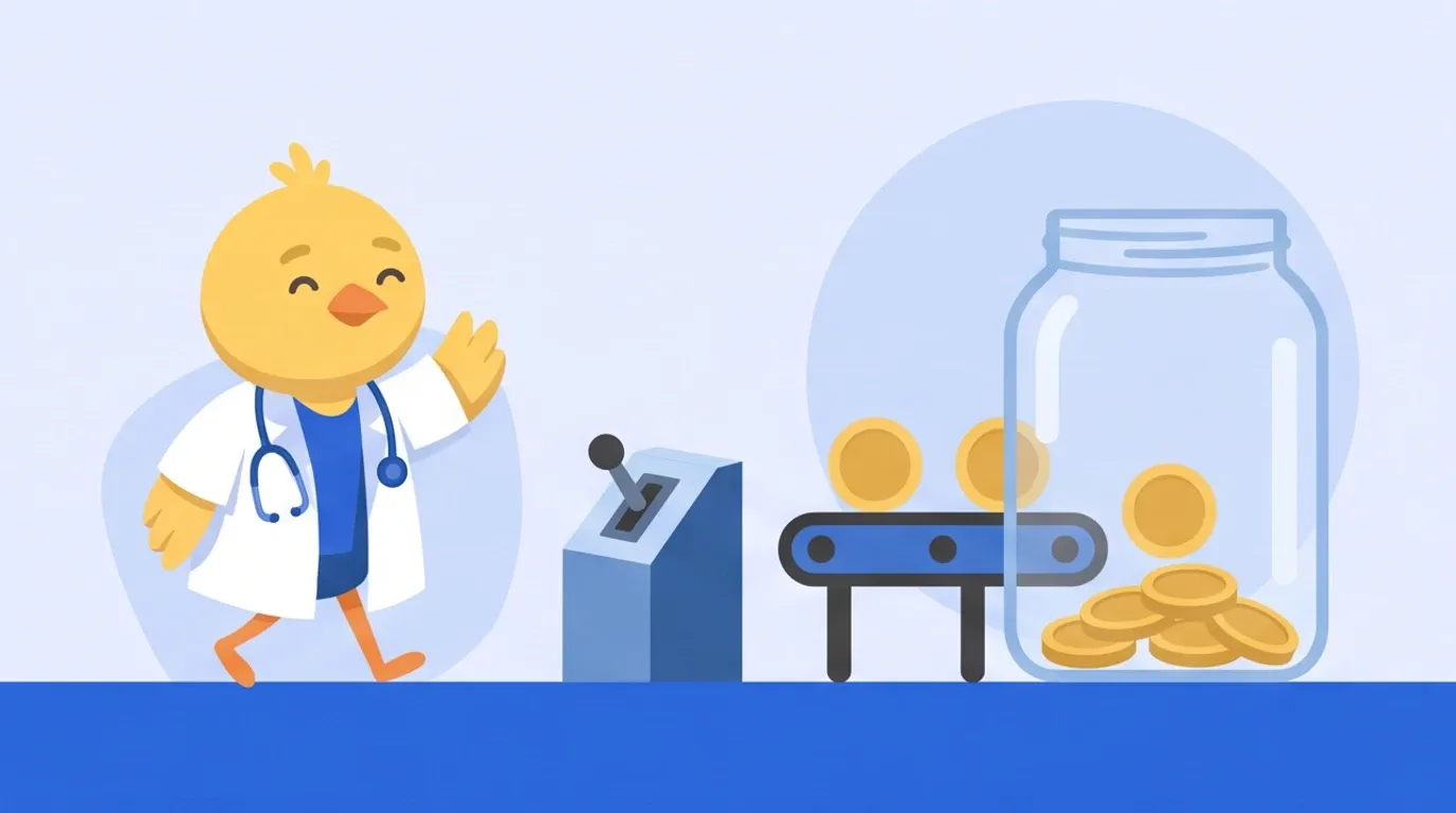 A chick doctor switches on a small conveyor belt that carries plain gold coins one at a time into a large glass jar, and turns to walk away looking satisfied