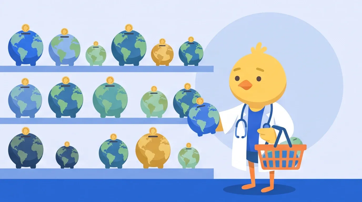 A chick doctor stands relaxed in front of a shelf lined with globe-shaped piggy banks that differ slightly in color and size, casually putting one into a basket