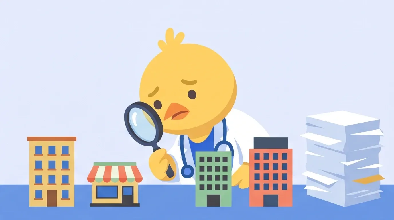 A chick doctor peers through a magnifying glass at small models of an apartment building, a shop, an office building, and a hotel one by one, looking troubled at the pile of documents stacked beside them
