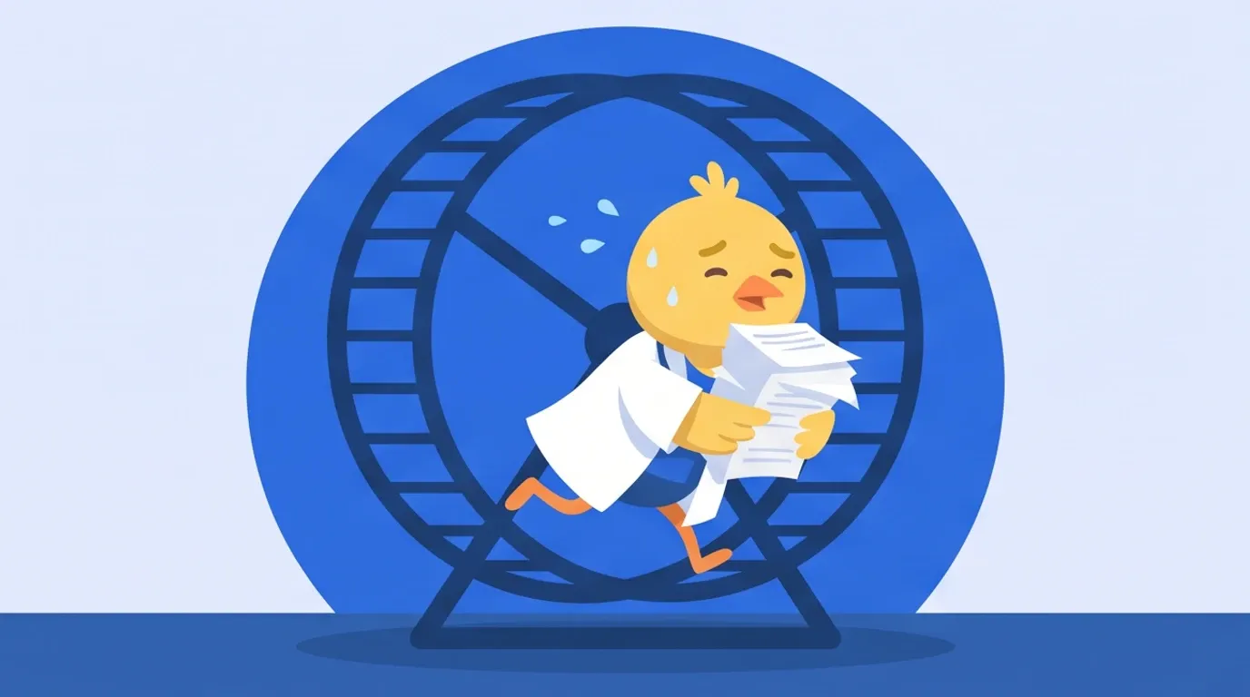 A chick doctor, still clutching a bundle of documents, keeps running inside a large hamster wheel, out of breath and sweating