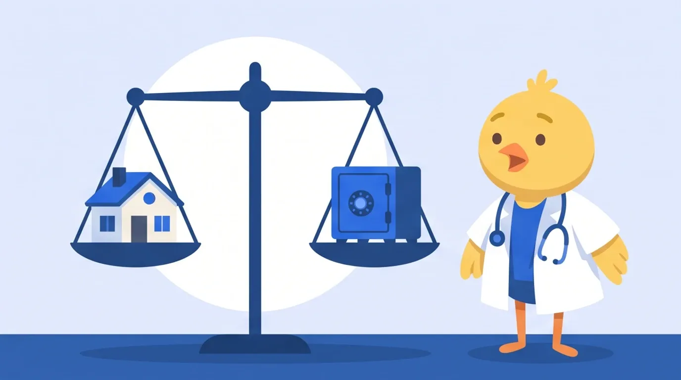 A chick doctor puts a model house on one side of a balance scale and a small safe on the other, and stares wide-eyed at how they nearly balance