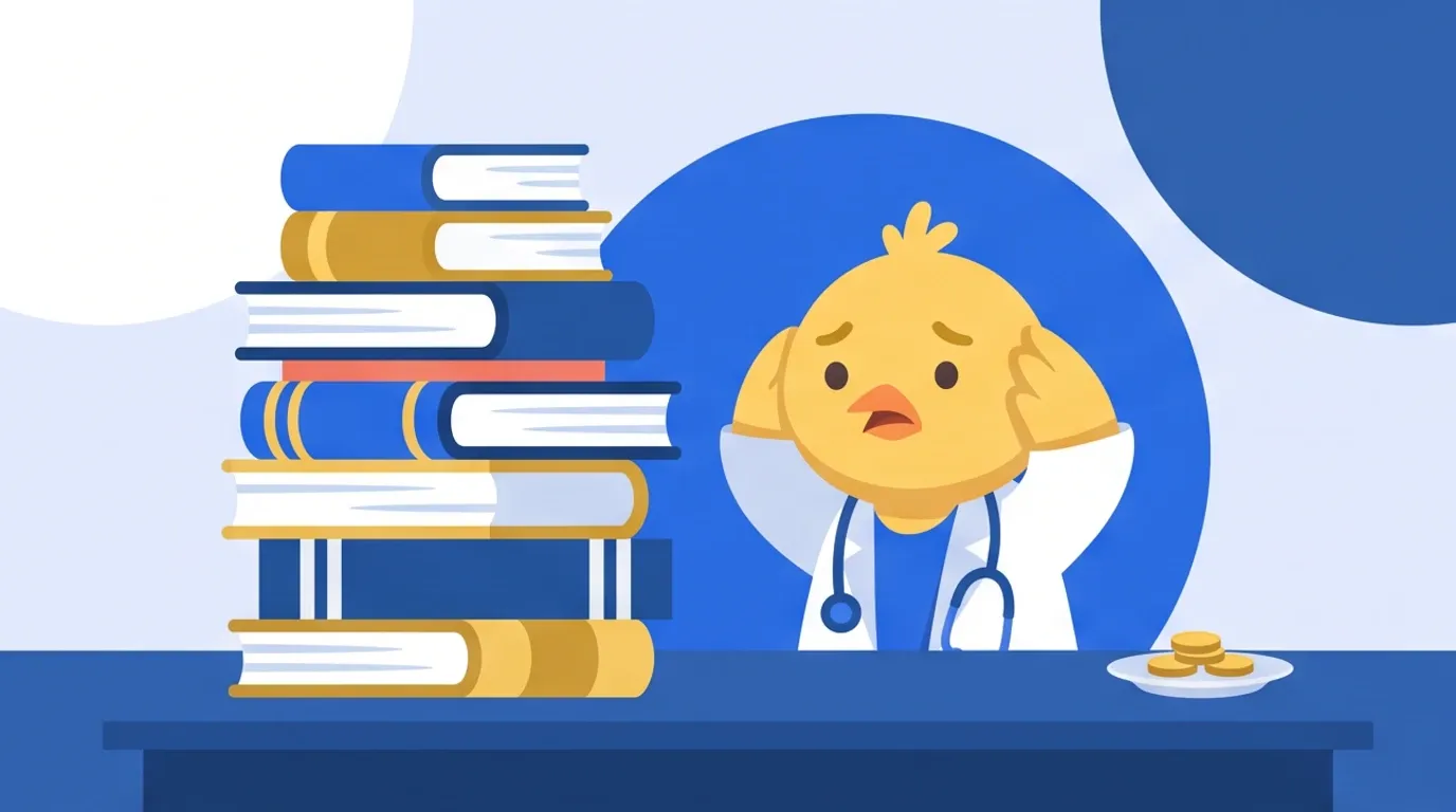 A chick doctor compares a tall stack of thick books piled on a desk with just a few coins on a small plate, and holds their head in their hands