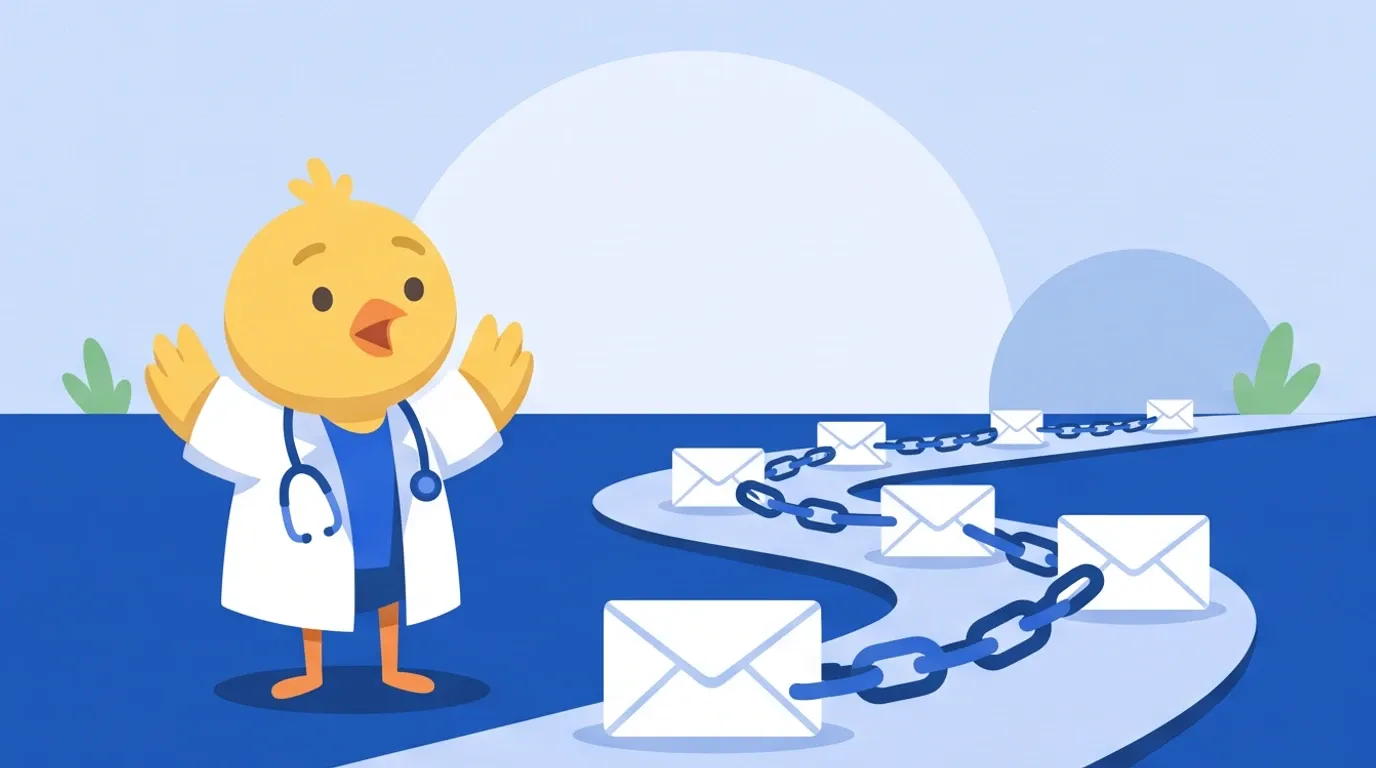 A chick doctor gazes at envelopes dotted along a road stretching into the distance, and is startled to notice they're all bound together by one thick chain