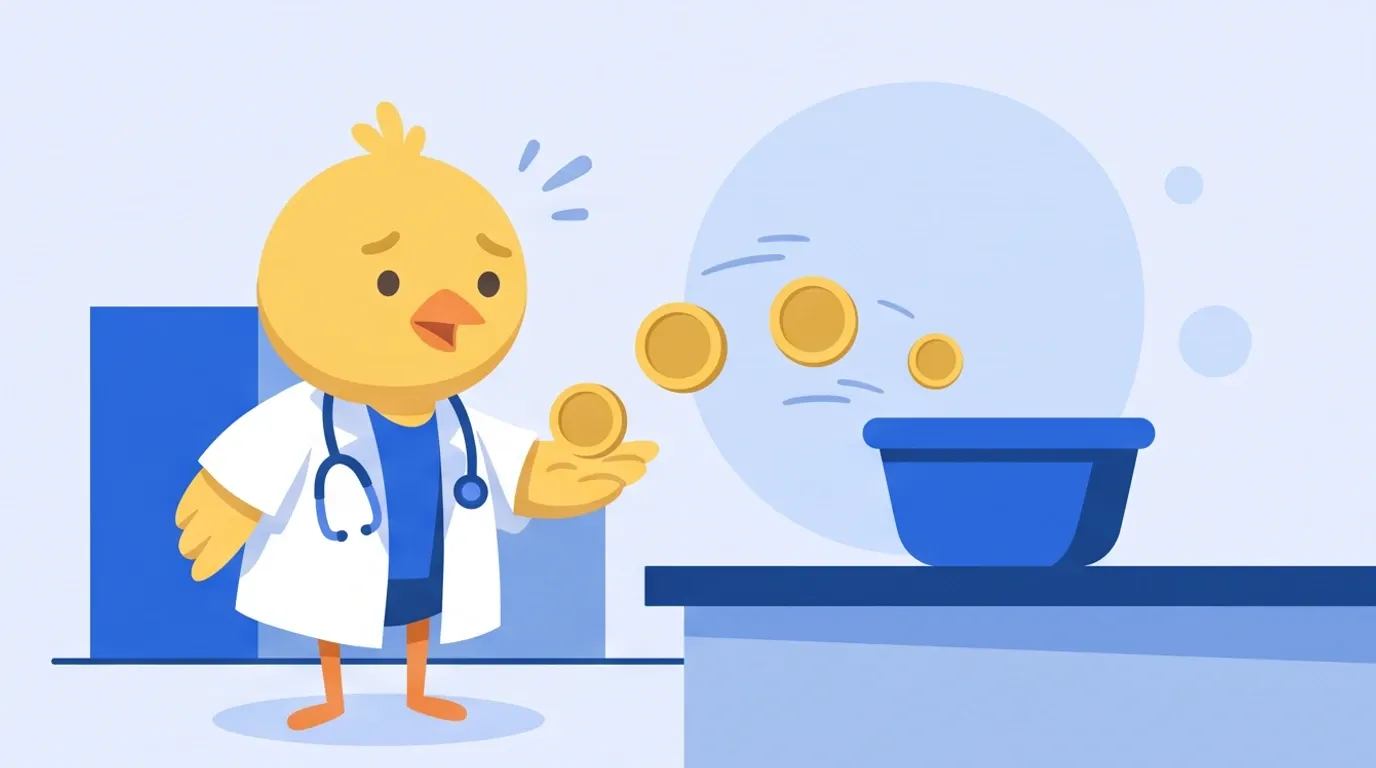 A chick doctor stares at a gold coin shrinking little by little in the palm of their hand, and hurriedly tries to move it into another basket nearby