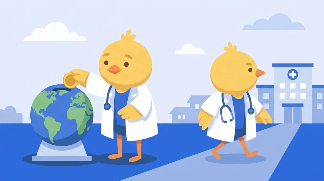 A chick doctor gently drops a coin into a large piggy bank shaped like the globe, then walks off toward the hospital without looking back