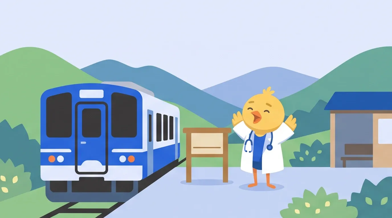 ヒヨコの医師が、のどかな山あいの小さな駅で、一両だけのローカル電車から降りて、ほっとした顔で伸びをしている