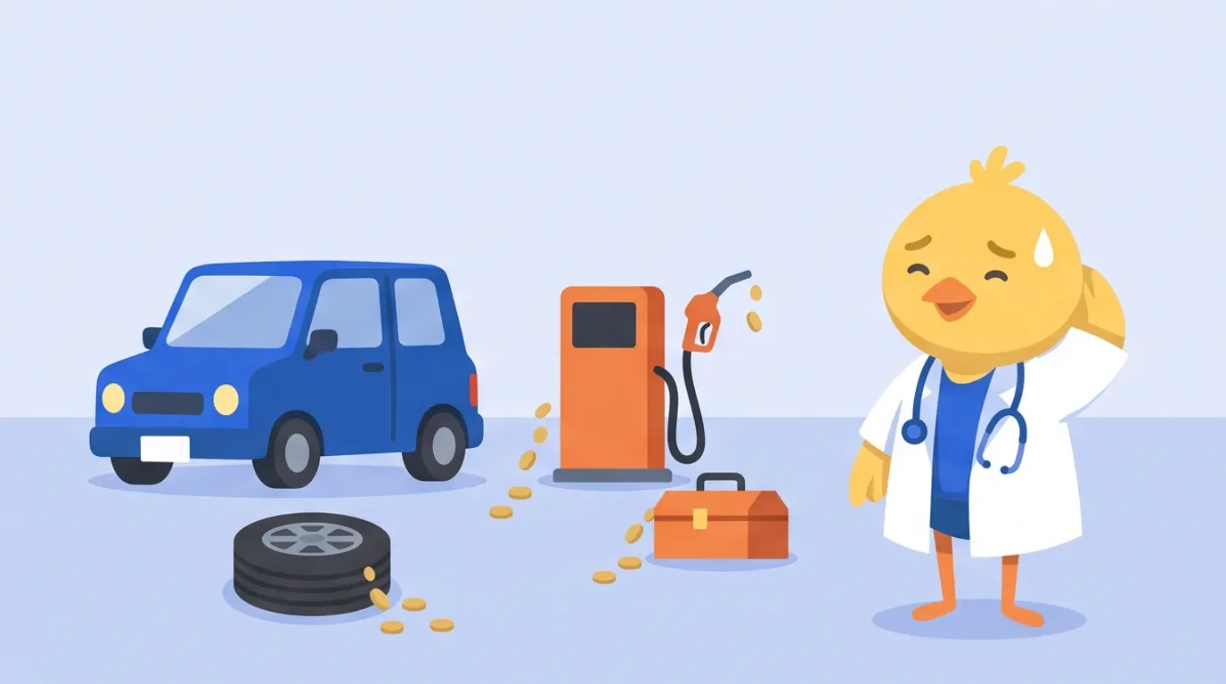 ヒヨコの医師が、駐車場に止めた小さな軽自動車の横で、タイヤ・ガソリンの給油ノズル・工具箱から少しずつ硬貨が流れ出ていくのを見て苦笑いしている