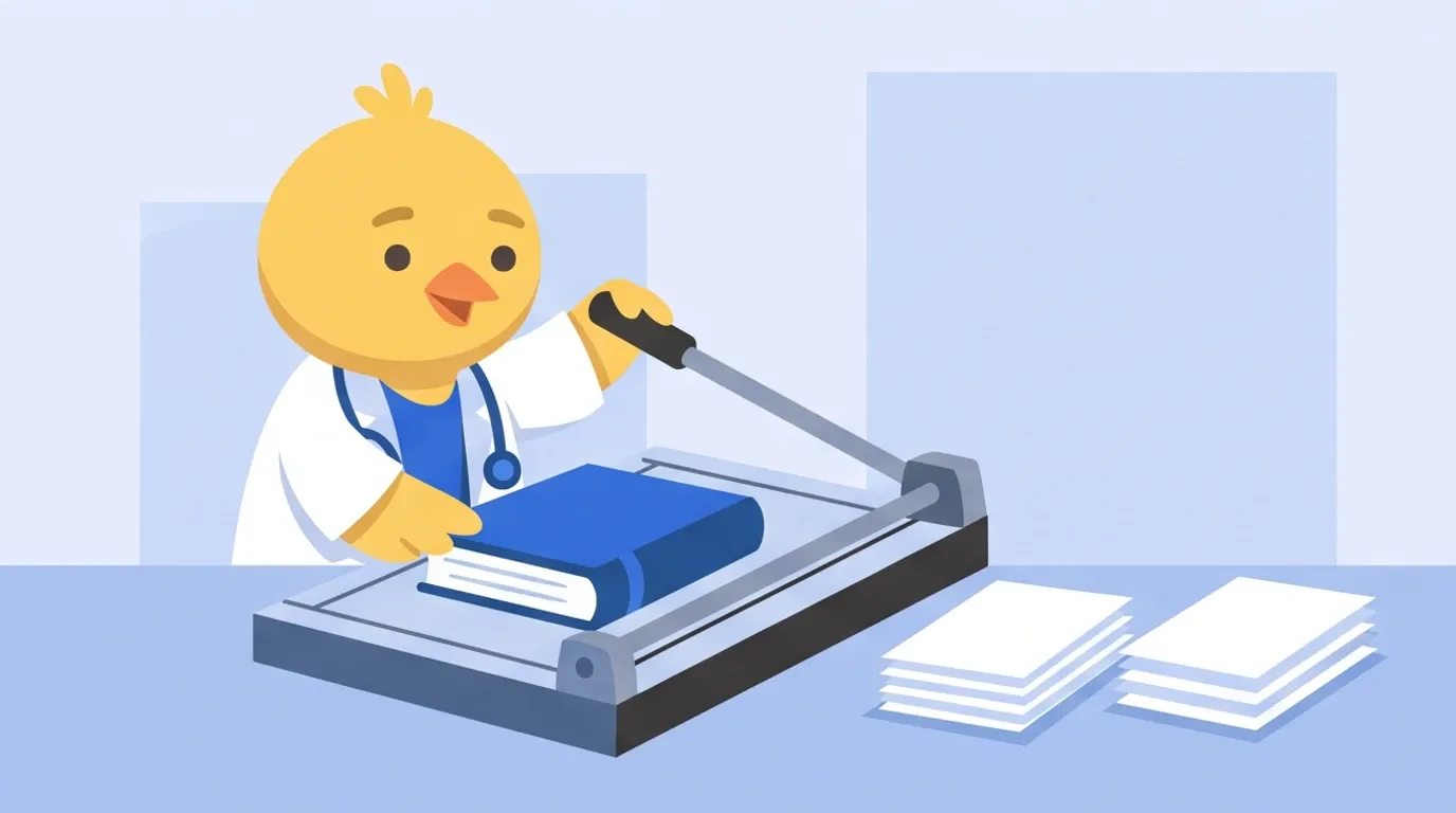 A chick doctor uses a large paper cutter to slice the spine off a thick book cleanly and squares up the loose stack of pages