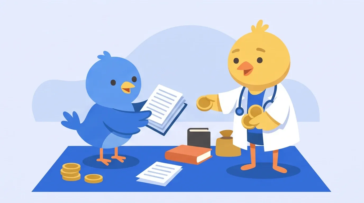 A chick doctor receives a stack of books with cut spines on a flea-market blanket and hands only a few coins to a differently colored little bird