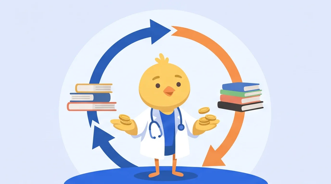 A chick doctor stands in the middle of a circular arrow where stacks of books go out and come back, contentedly holding just a few coins in its palm