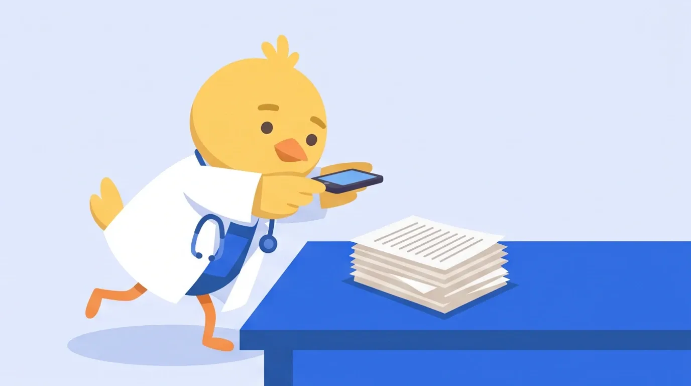A chick doctor takes a single photo of a stack of cut pages from directly above with a smartphone, ready to move quickly on to the next task