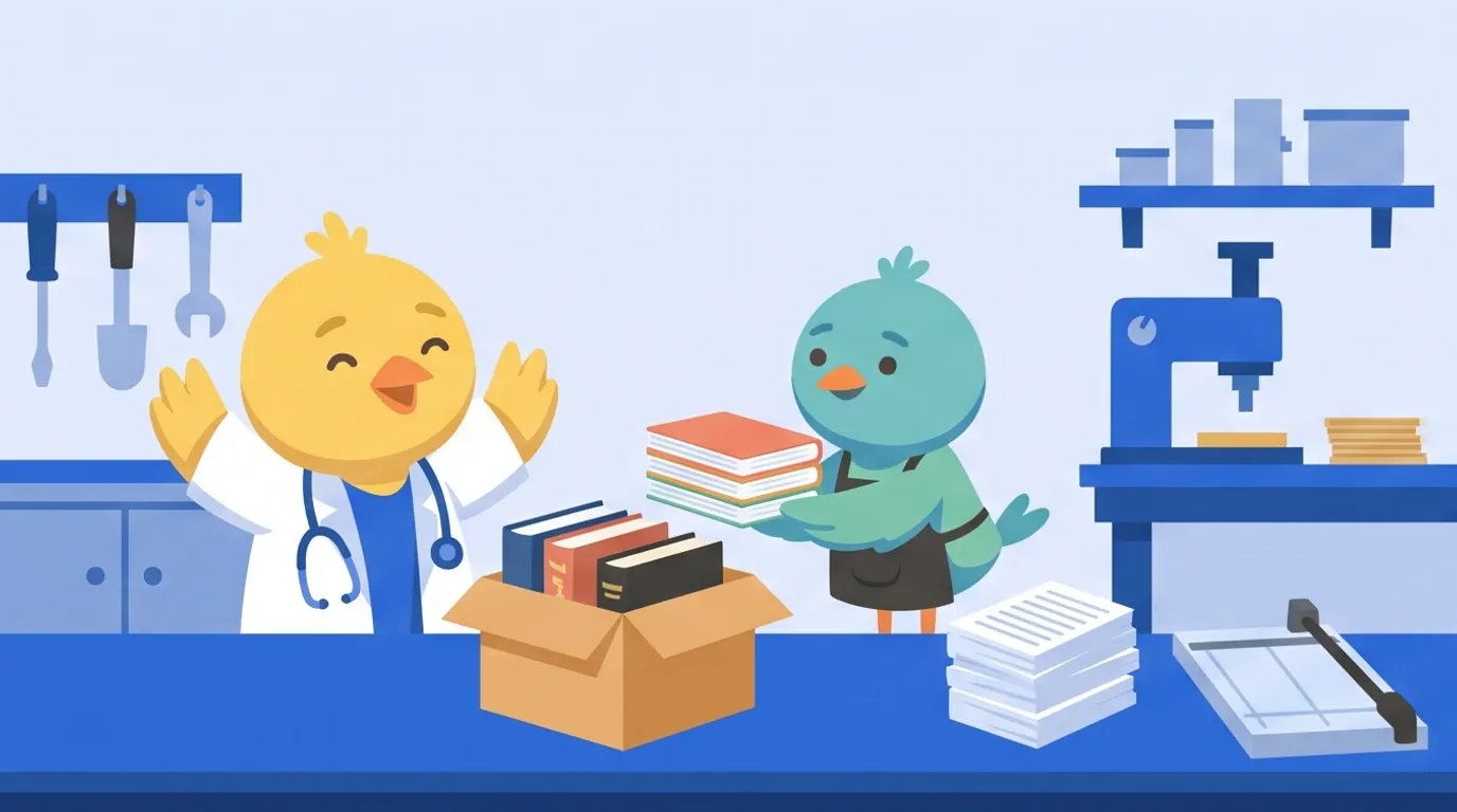 A chick doctor sends a box packed with thick medical books to a differently colored little bird's workshop and is delighted to receive stacks of pages with neatly cut spines