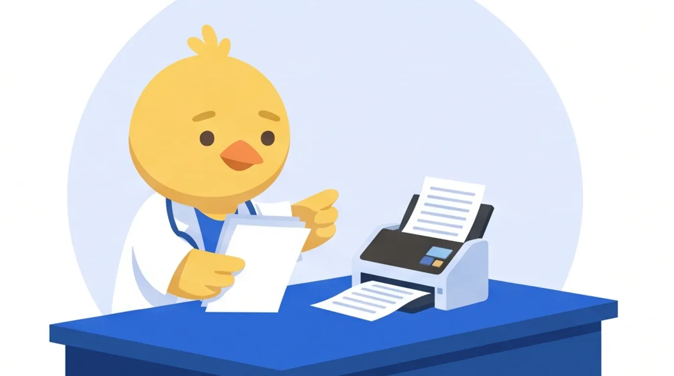 A chick doctor inserts a stack of pages into a small document scanner on the desk and has it read them one sheet at a time by hand