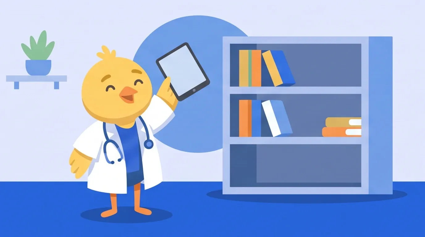A chick doctor stands in a neat, tidy room in front of a bookshelf with only a few books left, proudly holding up a single tablet